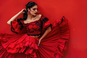 A woman leans against a red wall wearing a red dress, perfect for fashion or lifestyle photography