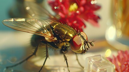 A close-up shot of a fly sitting on a table surface