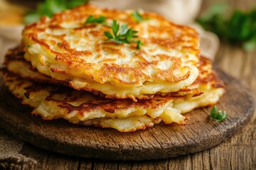 Poster - A stack of crispy potato pancakes on a wooden cutting board, perfect for brunch or snack