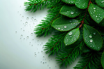 Poster - Fresh green leaves glisten with water droplets, highlighting the lush textures and vibrant colors against a stark white background, embodying purity and vitality in nature