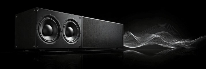 High quality black speaker system with dynamic sound waves against a dark backdrop