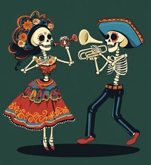 Wall Mural - Two Mexican Day of the Dead Skeletons: A Dancing Skeleton in an Embroidered Dress with Maracas and a Trumpet-Playing Skeleton in a Sombrero.