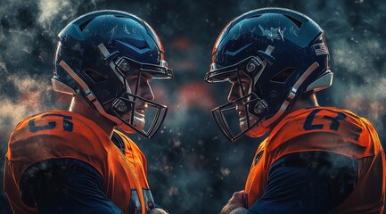 Two football players in vibrant orange uniforms face off with intense expressions before a game