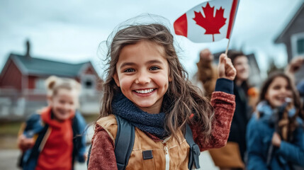 Smiling young girl with long hair holding a Canadian flag surrounded by other children outdoors in a residential area