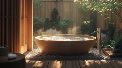 Tranquil Wooden Bath in Serene Garden Setting