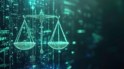 digital scales of justice on a background of binary code, representing the concept of digital law or