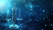 © sablengjago - A digital rendering of the Lady Justice statue, symbolizing justice and law, composed of interconnected lines and points on a blue background.