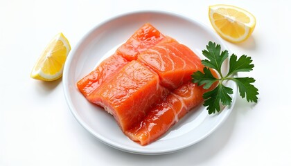 Top view of raw fish in plate near parsley and slices of lemon on white background