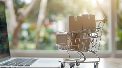 A shopping cart with packages beside a laptop, symbolizing online shopping.