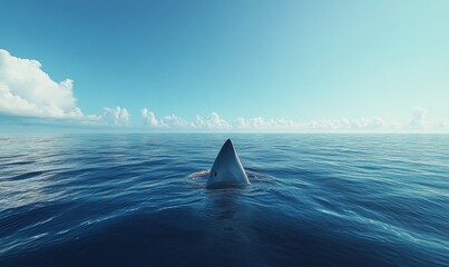 A shark fin breaks the surface of calm blue waters under a serene afternoon sky