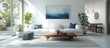 © olegganko - Stylish modern living room featuring a white couch and blue accents in a bright, minimalistic space