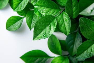 Canvas Print - Dew-kissed green leaves lay gracefully on a white surface, highlighting their vibrant colors and textures that evoke a sense of calm and freshness in nature