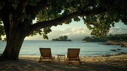 A serene beach scene features two wooden lounge chairs on the white sand, a palm tree, a beach ball, and a clear blue sky with scattered clouds, creating a tranquil and inviting atmosphere