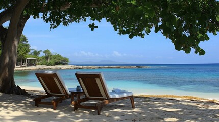 A serene beach scene features two wooden lounge chairs on the white sand, a palm tree, a beach ball, and a clear blue sky with scattered clouds, creating a tranquil and inviting atmosphere