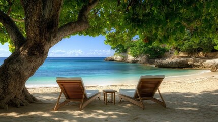 Two lounge chairs sitting beach next tree trapped hedonic treadmill dressed white robes jamaican vibe during table imagining blissful fate gorgeous view cottage shaded perfect
