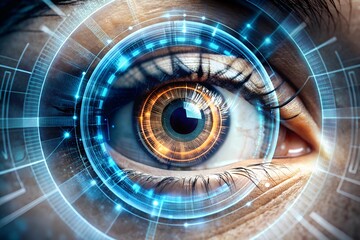 A futuristic close-up of an eye with digital elements, symbolizing data analysis and technological advancement in visual recognition.