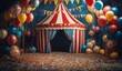 © olegganko - Colorful circus tent surrounded by balloons and confetti in a festive indoor setting