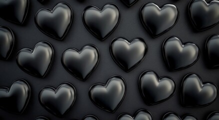 Black hearts in various sizes arranged on a textured black background giving a modern abstract look