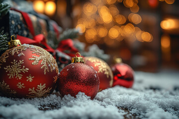 Poster - Christmas ornaments on snow, surrounded by pine branches and glowing lights, creating a festive winter scene.