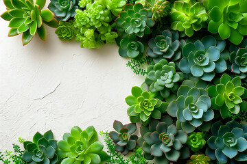 Wall Mural - A lush arrangement of various succulents fills the space with vibrant greens, each plant uniquely shaped, creating a harmonious indoor garden that brings tranquility to any environment