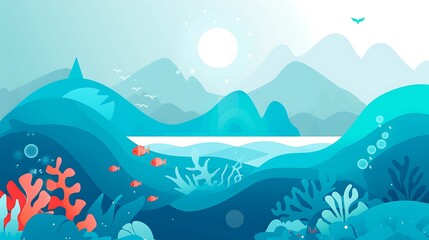 Wall Mural - A serene underwater landscape featuring colorful corals, fish, and mountains under a bright sun.