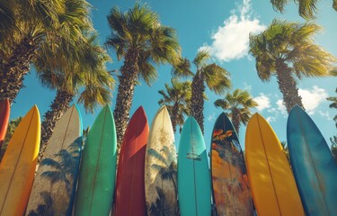 Colorful surfboards lined up against a tropical backdrop on a sunny afternoon by the beach