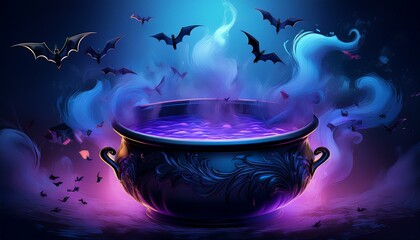 Wall Mural -  A witch’s brew with purple and black swirls in a cauldron, the liquid glows faintly and smal 