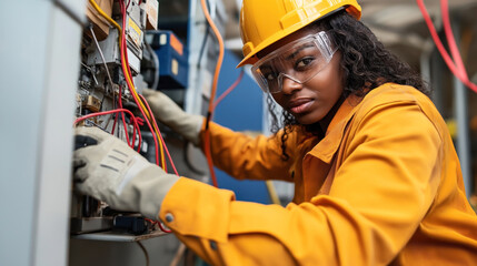 Canvas Print - Female electrician wearing hard hat and safety goggles working on electrical panel with cables