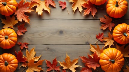 autumn holiday background featuring pumpkins, colorful dried leaves, and fall decorations arranged a