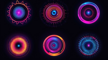 Wall Mural - Six neon glowing circle icons with different designs and colors on a dark background.