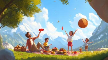 A family enjoys a picnic in a lush green meadow with mountains in the background. They are having a good time playing with frisbees and a ball.