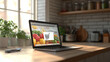 © Inna - Laptop displaying online grocery shopping with fresh vegetables in a cozy kitchen environment