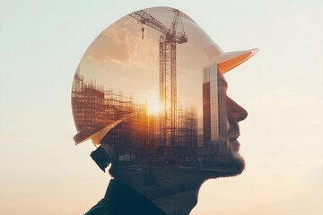 Horizontal banner. Side portrait of a young men engineer wears yellow safety hard helmet with double exposure of construction and technology system on face, isolated on white background.