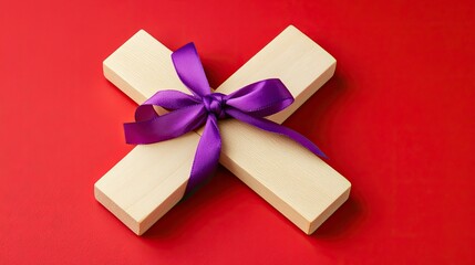 Wooden gift box tied with a purple ribbon, on a red background.