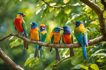 Many Colored Birds Sitting on a Tree Branch