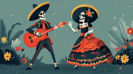 Wall Mural -  the Day of the Dead celebration featuring a man in a sombrero playing guitar and dancing next to his wife in a beautiful dress and skull mask， against a dark green background 