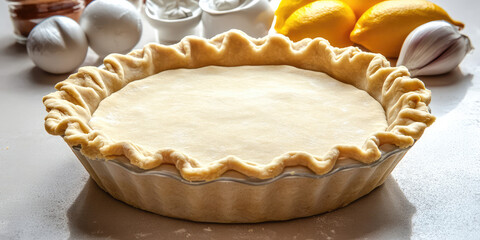 Empty raw pie crust in a pie dish, background with baking ingredients on a table, homemade cooking and preparation