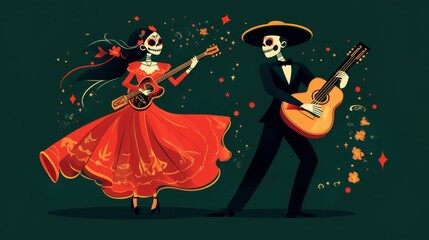 Wall Mural -  the Day of the Dead celebration featuring a man in a sombrero playing guitar and dancing next to his wife in a beautiful dress and skull mask， against a dark green background 