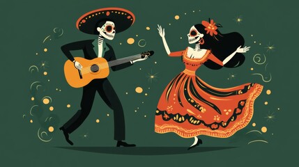 Wall Mural -  the Day of the Dead celebration featuring a man in a sombrero playing guitar and dancing next to his wife in a beautiful dress and skull mask， against a dark green background 