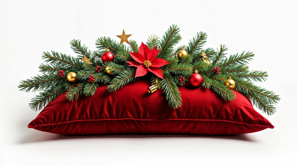 Poster - Festive Red Christmas Cushion with Greenery, Ornaments, and Poinsettia Decoration on white background