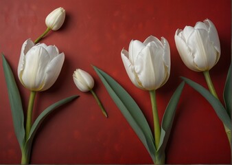 white tulip on a red background, A field of elegant white tulips set against a vibrant red background, highlighting their purity and creating a striking contrast.