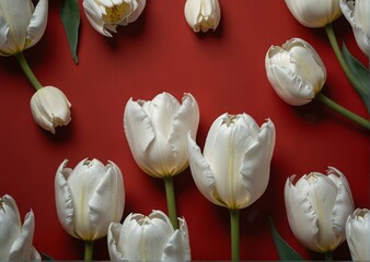 white tulip on a red background, A field of elegant white tulips set against a vibrant red background, highlighting their purity and creating a striking contrast.