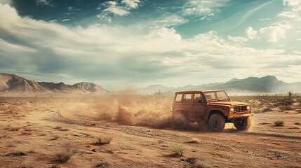 Dusty off-road SUV journey across desert landscapes