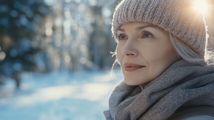 Wall Mural - Beautiful mature woman dressed in winter clothes in winter park