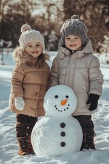 Two childs standing near snowman in the park