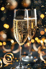 Two glasses of champagne with golden bubbles fizzing elegantly towards the top, creating a festive and celebratory mood.