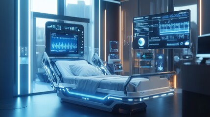 Futuristic Hospital Room: Advanced Medical Technology in a Sleek, Modern Setting 