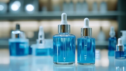 Glass bottles with cosmetic liquids in a laboratory setting. Creams, lotions, and serums in high-quality bottles. Scientific research and cosmetic production concept 