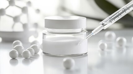 The Science of Skincare: A close-up shot of a pristine white skincare product, delicately filled with a dropper, against a backdrop of scientific imagery.