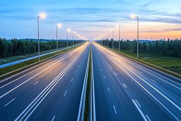 2 A quiet highway at twilight, glowing under the soft light of streetlamps, representing the roadmap to personal fulfillment illuminated by the passion to keep moving forward